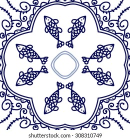 Circular   pattern of delicate striped motif, stripes,  waves, doodles, spirals, fishes. Hand drawn.