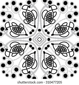 Circular   pattern of delicate striped motif, ellipses  waves, doodles, branches, fishes. Hand drawn.