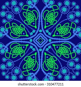 Circular   pattern of delicate striped motif, ellipses  waves, doodles, branches, fishes. Hand drawn.
