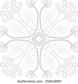 Circular   pattern of delicate striped motif, ellipses  waves, doodles, branches, fishes. Hand drawn.