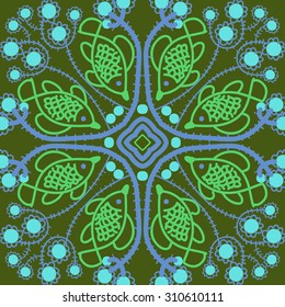 Circular   pattern of delicate striped motif, ellipses  waves, doodles, branches, fishes. Hand drawn.