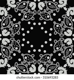 Circular pattern of delicate striped motif, ellipses, doodles, fishes. Hand drawn.