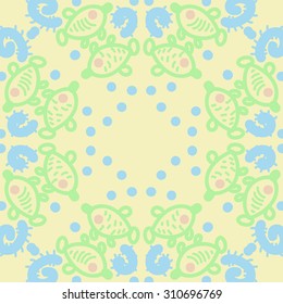 Circular pattern of delicate striped motif, ellipses, doodles, fishes. Hand drawn.