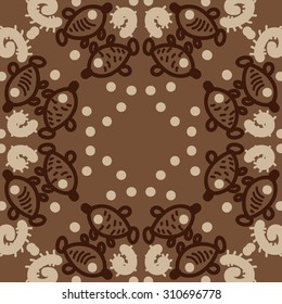 Circular pattern of delicate striped motif, ellipses, doodles, fishes. Hand drawn.