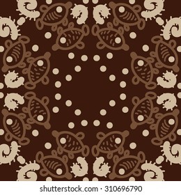 Circular pattern of delicate striped motif, ellipses, doodles, fishes. Hand drawn.