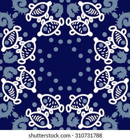 Circular pattern of delicate striped motif, ellipses, doodles, fishes. Hand drawn.