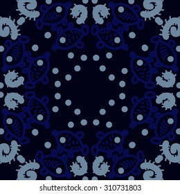 Circular pattern of delicate striped motif, ellipses, doodles, fishes. Hand drawn.