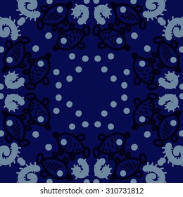 Circular pattern of delicate striped motif, ellipses, doodles, fishes. Hand drawn.