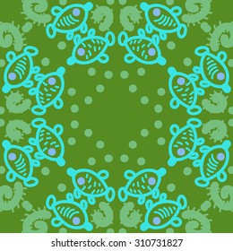 Circular pattern of delicate striped motif, ellipses, doodles, fishes. Hand drawn.