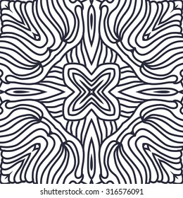 Circular  pattern of  delicate striped motif,   waves,stars, doodles. Hand drawn.