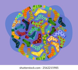 Circular pattern with different socks vector illustration. Collection of cartoon drawings of colorful socks children or adults on abstract background. Fashion, accessory concept