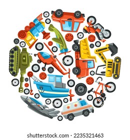 Circular pattern with different transport vector illustration. Collection of cartoon drawings of land, water and air vehicles isolated on white background. Transportation concept