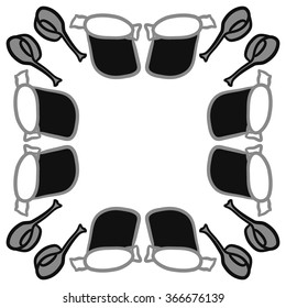 Circular pattern of dishes,objects, doodles,saucepan, pan. Hand drawn.