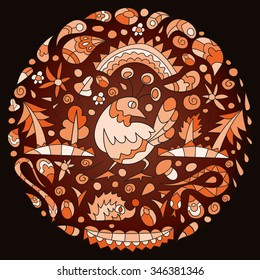 The circular pattern with doodle elements in the form of forest characters, trees and flowers on a dark brown background. For web design, postcards, posters, booklets.