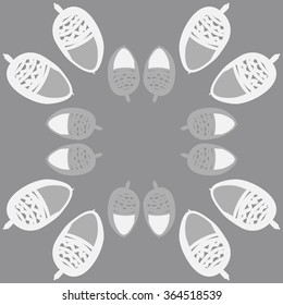 Circular pattern, doodles, acorns, zigzag,spots, hole. Hand drawn.