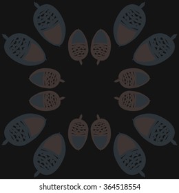 Circular pattern, doodles, acorns, zigzag,spots, hole. Hand drawn.