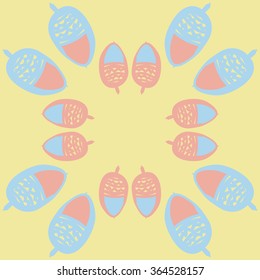 Circular pattern, doodles, acorns, zigzag,spots, hole. Hand drawn.