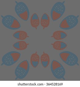 Circular pattern, doodles, acorns, zigzag,spots, hole. Hand drawn.