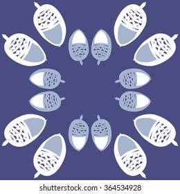 Circular pattern, doodles, acorns, zigzag,spots, hole. Hand drawn.