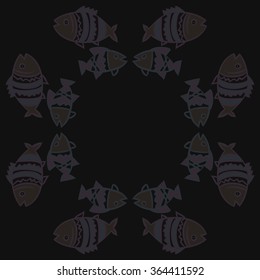 Circular pattern, doodles, fishes, zigzag,spots, hole. Hand drawn.