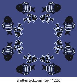 Circular pattern, doodles, fishes, zigzag,spots, hole. Hand drawn.
