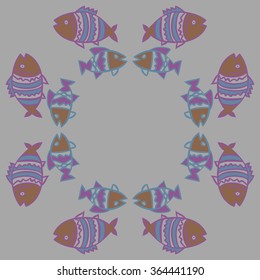 Circular pattern, doodles, fishes, zigzag,spots, hole. Hand drawn.