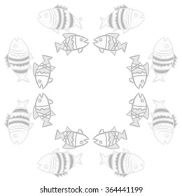Circular pattern, doodles, fishes, zigzag,spots, hole. Hand drawn.
