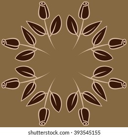 Circular pattern, doodles, floral theme, leaves, branches, buds, spirals,copy space . Hand drawn.