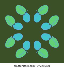 Circular pattern, doodles, plums, leaves, fruits, copy space . Hand drawn.