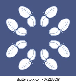 Circular pattern, doodles, plums, leaves, fruits, copy space . Hand drawn.