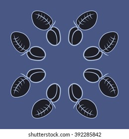 Circular pattern, doodles, plums, leaves, fruits, copy space . Hand drawn.