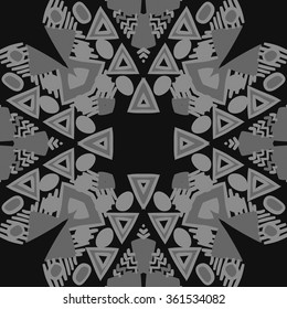 Circular pattern, doodles,ellipses, triangles,ellipses, zigzag, spots, hole . Hand drawn.
