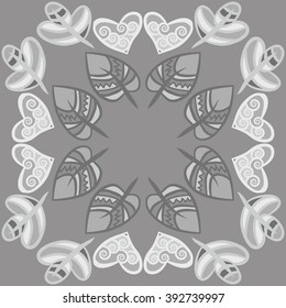 Circular  pattern, doodles,hearts, leaves,spirals, spots, hole, copy space . Hand drawn.