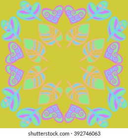 Circular  pattern, doodles,hearts, leaves,spirals, spots, hole, copy space . Hand drawn.