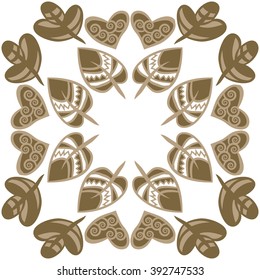 Circular  pattern, doodles,hearts, leaves,spirals, spots, hole, copy space . Hand drawn.