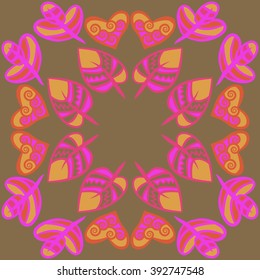 Circular  pattern, doodles,hearts, leaves,spirals, spots, hole, copy space . Hand drawn.