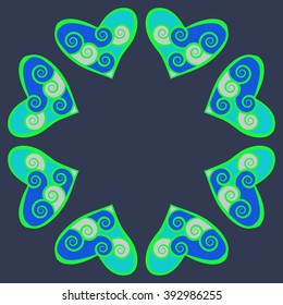 Circular  pattern, doodles,hearts, spirals, spots,  copy space . Hand drawn.