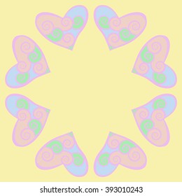 Circular  pattern, doodles,hearts, spirals, spots,  copy space . Hand drawn.