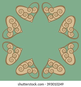 Circular  pattern, doodles,hearts, spirals, spots,  copy space . Hand drawn.