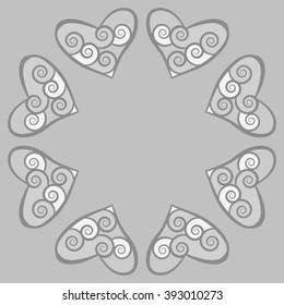 Circular  pattern, doodles,hearts, spirals, spots,  copy space . Hand drawn.