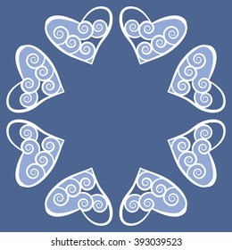  Circular  pattern, doodles,hearts, spirals, spots,  copy space . Hand drawn.