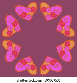  Circular  pattern, doodles,hearts, spirals, spots,  copy space . Hand drawn.