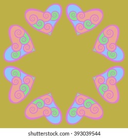  Circular  pattern, doodles,hearts, spirals, spots,  copy space . Hand drawn.