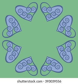  Circular  pattern, doodles,hearts, spirals, spots,  copy space . Hand drawn.