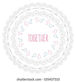 A circular pattern of elements that symbolize Valentine's day, with the inscription Together