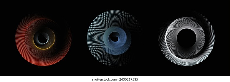 The circular pattern emerges like a fluid wave function, depicted vividly through vector illustration. Flowing dot particles wave 3D curve pattern.