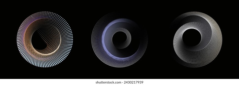 The circular pattern emerges like a fluid wave function, depicted vividly through vector illustration. Flowing dot particles wave 3D curve pattern.