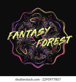 Circular pattern with fantasy magic mushrooms, forest foliage in grunge style. Bright unusual nature in neon fluorescent colors. For fantasy, groovy, hippie, mystical, surreal design