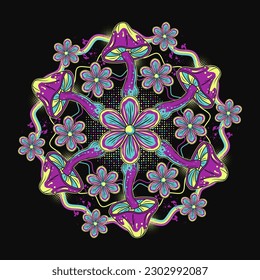 Circular pattern with fantasy magic mushrooms, chamomiles, wavy lines, halftone. Bright unusual nature in neon fluorescent colors. For fantasy, groovy, hippie, mystical, surreal design