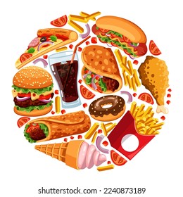 Circular pattern with fastfood vector illustrations set. Cartoon drawings of hamburger, burrito, French fries, ice cream, donut, pizza, drumstick isolated on white background. Fast food, diet concept